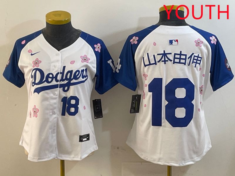 Youth Los Angeles Dodgers #18 Yamamoto White Blue Sakura Edition 2025 Nike MLB Jersey style 16->youth mlb jersey->Youth Jersey